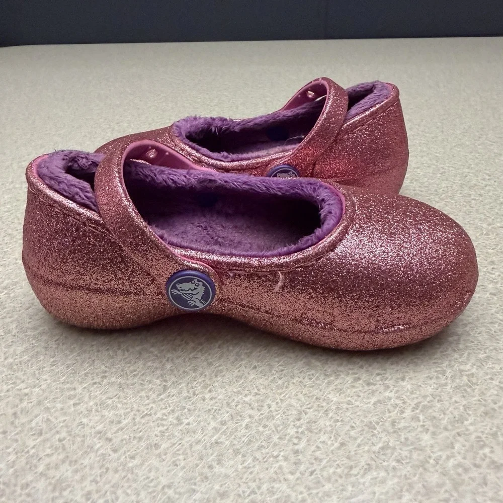 Crocs Classic Pink Glitter Lined Mary Jane Slip On Shoes Youth Girls Size C 7